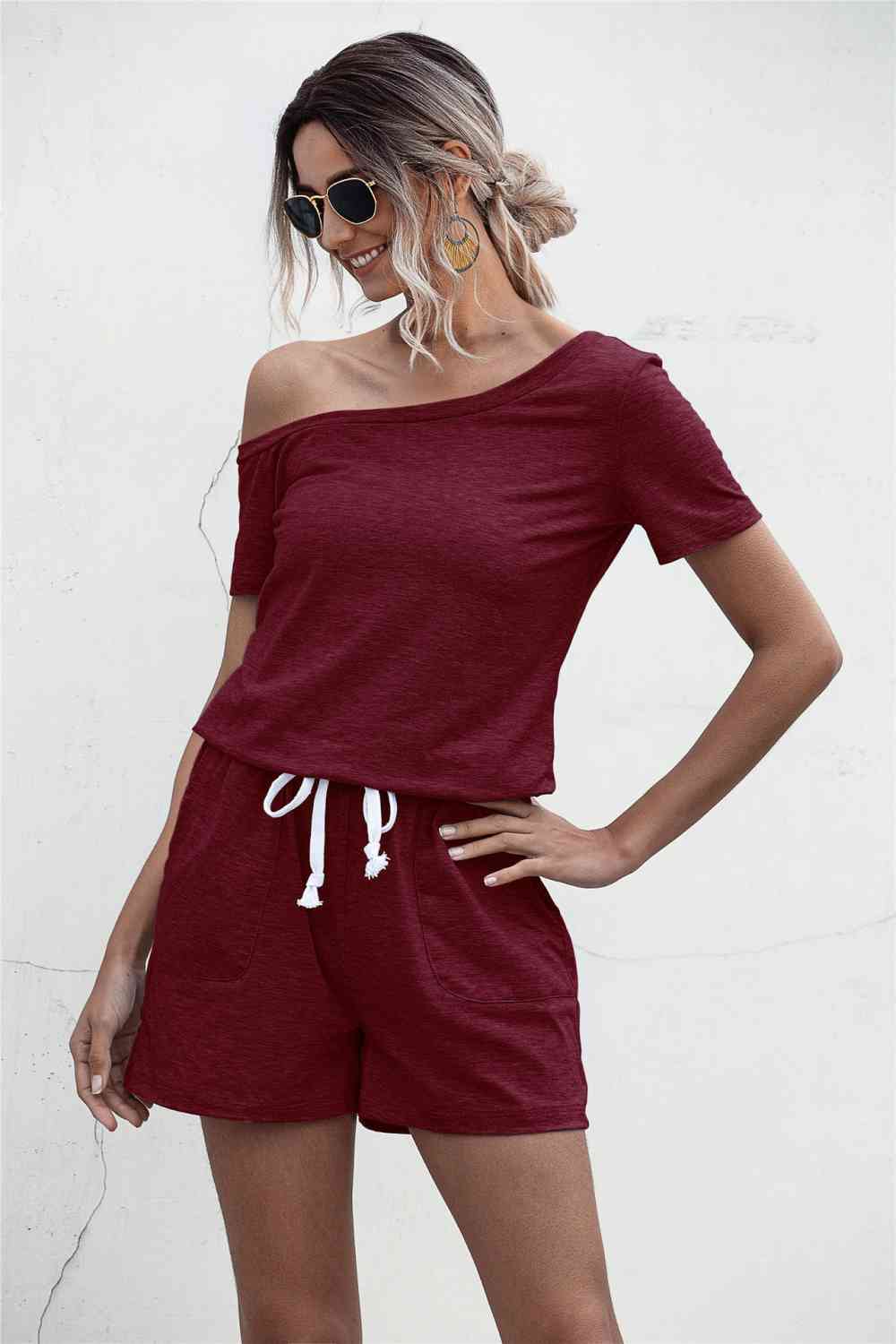 One Shoulder Tie Waist Romper Shop One Place