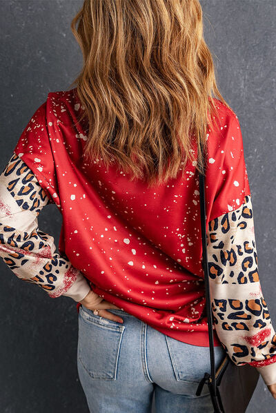 Heart Leopard Round Neck Sweatshirt Shop One Place