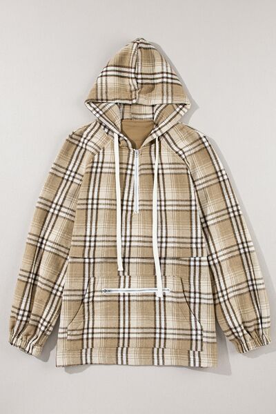 Drawstring Plaid Half Zip Raglan Sleeve Hoodie Shop One Place
