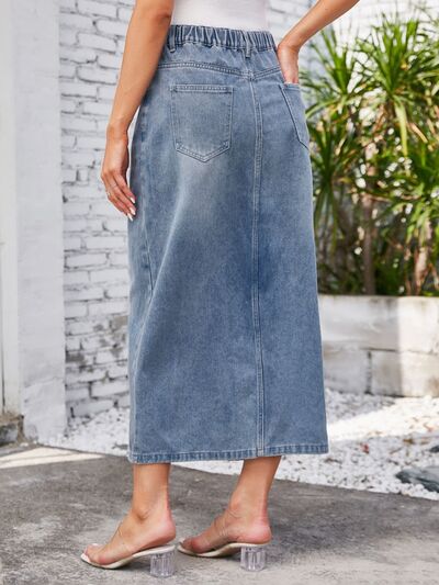 Slit Midi Denim Skirt with Pockets Shop One Place