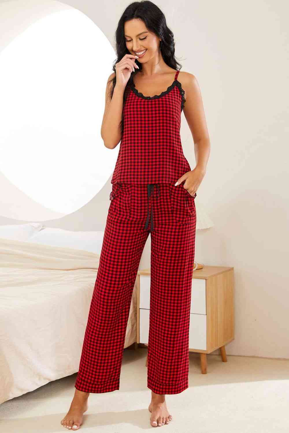 Plaid Lace Trim Cami and Drawstring Pants Pajama Set Shop One Place