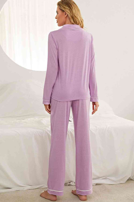 Contrast Piping Button Down Top and Pants Loungewear Set Shop One Place