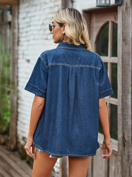 Pocketed Button Up Short Sleeve Denim Shirt Shop One Place