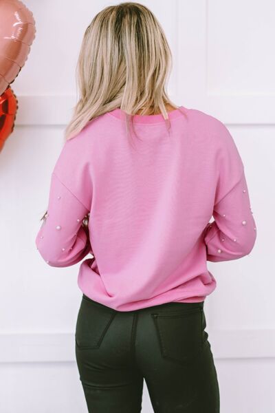 Pearl Round Neck Dropped Shoulder Sweatshirt Shop One Place