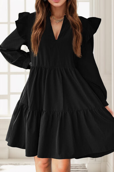 Ruffled V-Neck Long Sleeve Mini Dress Shop One Place