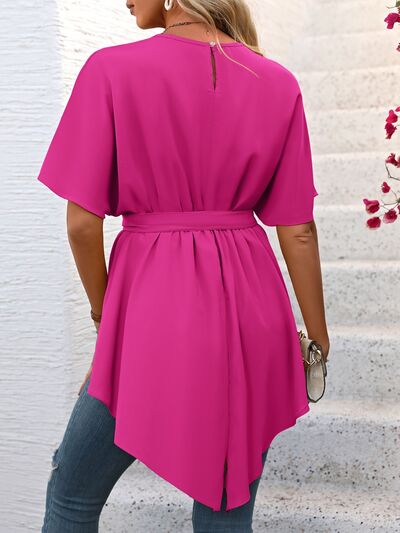Tied Round Neck Half Sleeve Blouse Shop One Place