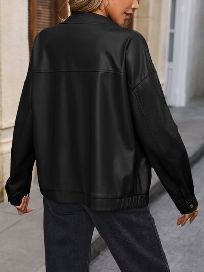 Pocketed Zip Up Collared Neck Jacket Shop One Place