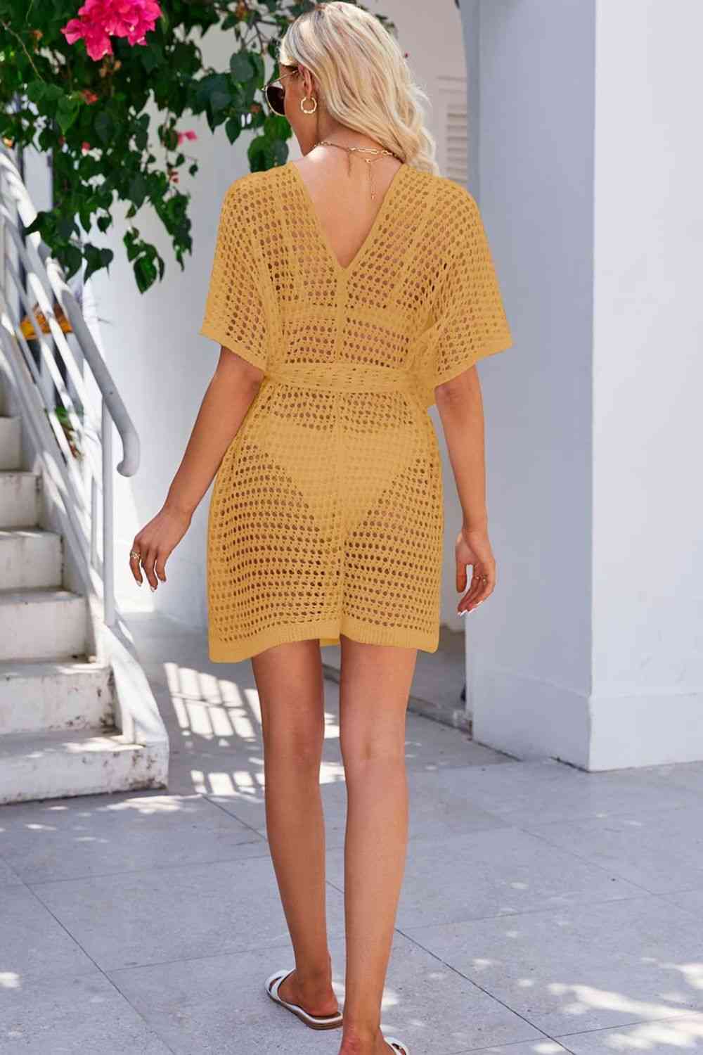 Openwork Tie Waist Cover Up Shop One Place