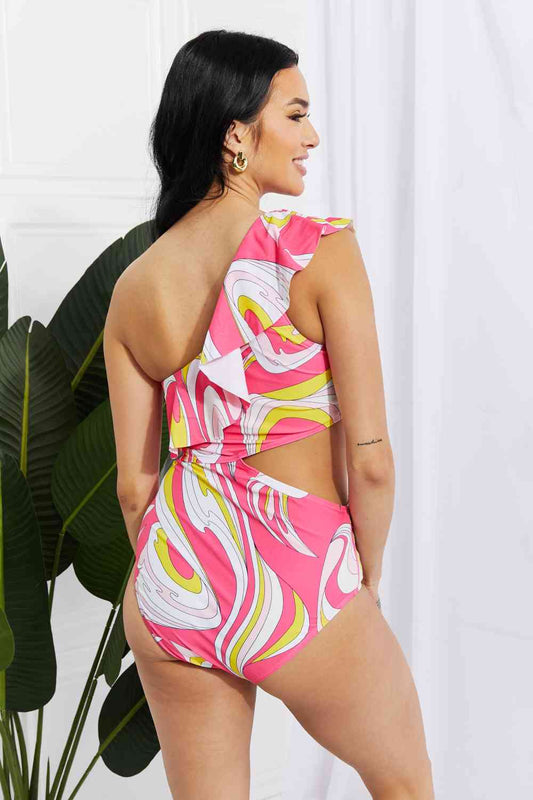 Marina West Swim Vitamin C Asymmetric Cutout Ruffle Swimsuit in Pink Shop One Place