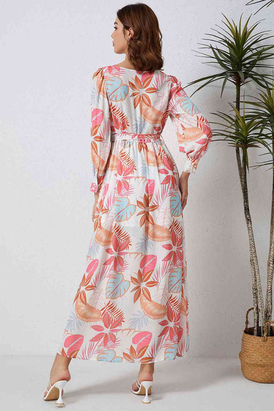 Printed Tie Waist Maxi Dress Shop One Place