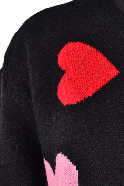 Heart Round Neck Droppped Shoulder Sweater Shop One Place