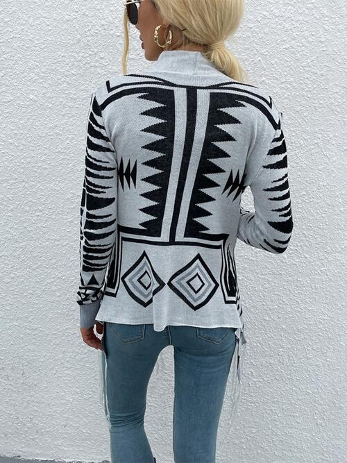 Geometric Fringe Hem Open Front Cardigan Shop One Place