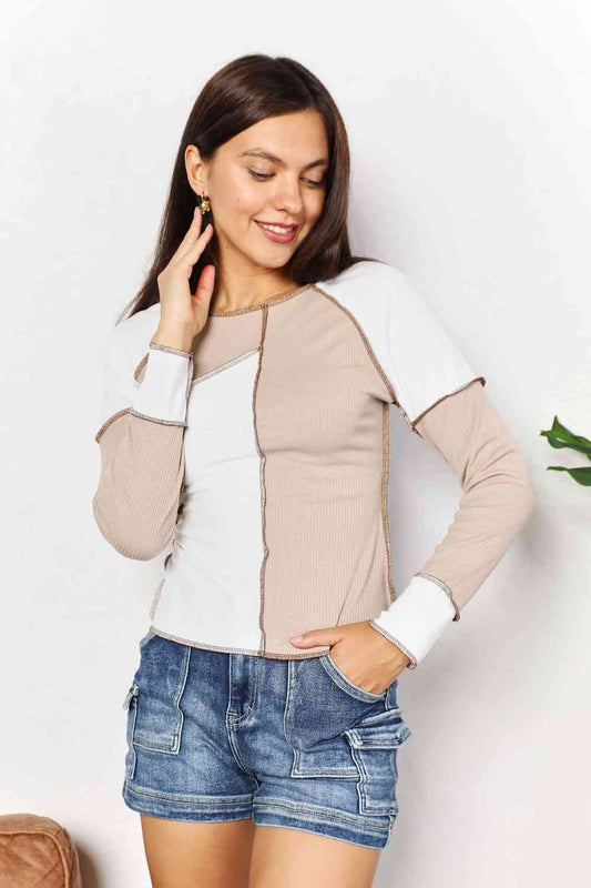 Double Take Color Block Exposed Seam Top Shop One Place