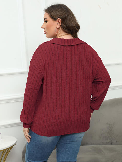 Plus Size Ribbed Collared Neck Long Sleeve Blouse Shop One Place
