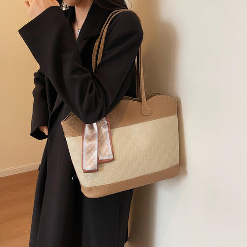 PU Leather Tied Contrast Tote Bag Shop One Place