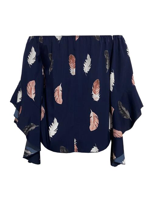 Feather Print Smocked Off-Shoulder Blouse Shop One Place