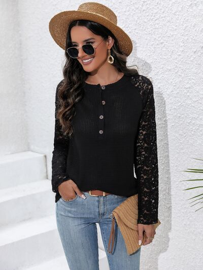 Half Button Raglan Sleeve Blouse Shop One Place