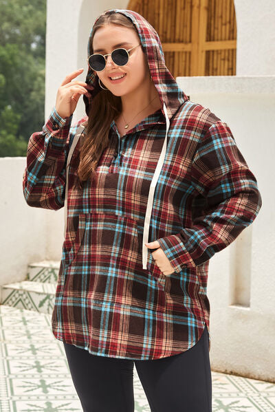 Plus Size Drawstring Plaid Quarter Button Hoodie Shop One Place