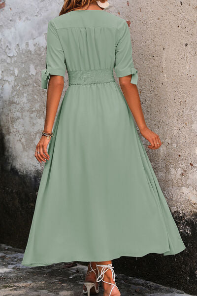 Smocked Quarter Button Short Sleeve Dress Shop One Place