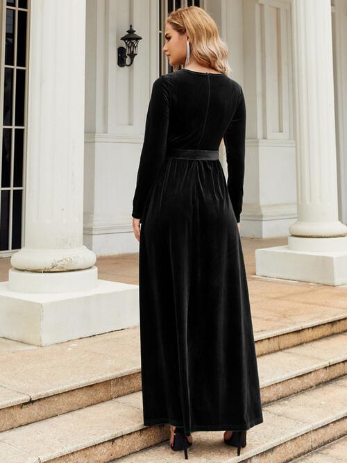 Tie Front Round Neck Long Sleeve Maxi Dress Shop One Place