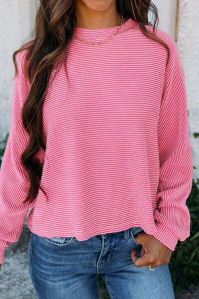 Striped Round Neck Long Sleeve Blouse Shop One Place