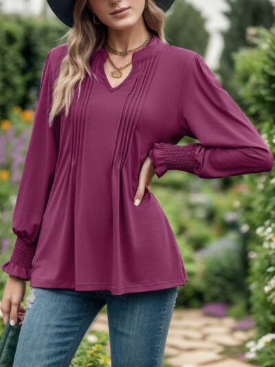 Notched Smocked Flounce Sleeve Blouse Shop One Place