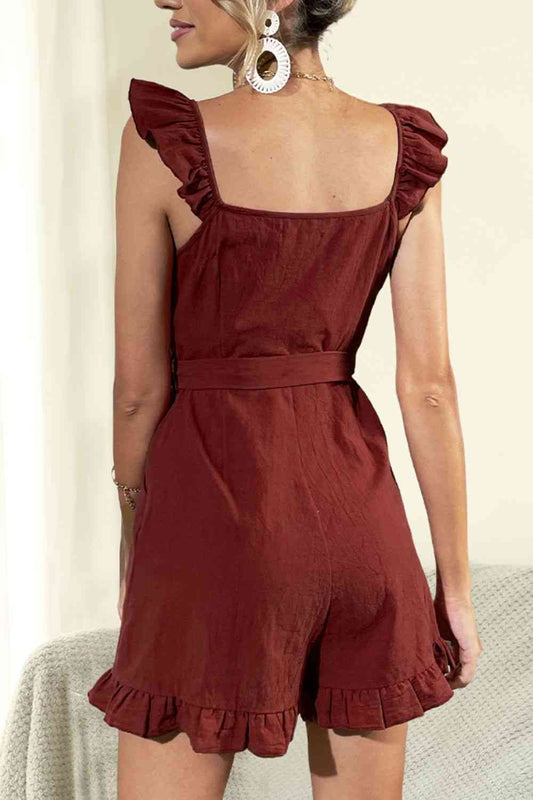 Tie Belt V-Neck Ruffled Romper Shop One Place