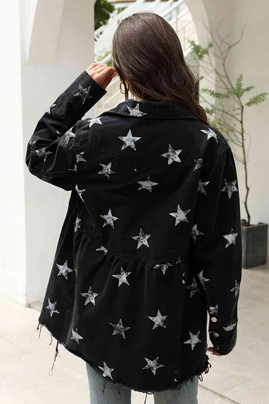 Collared Neck Star Print Long Sleeve Denim Jacket Shop One Place