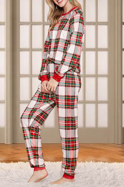 Plaid Round Neck Top and Pants Set Shop One Place