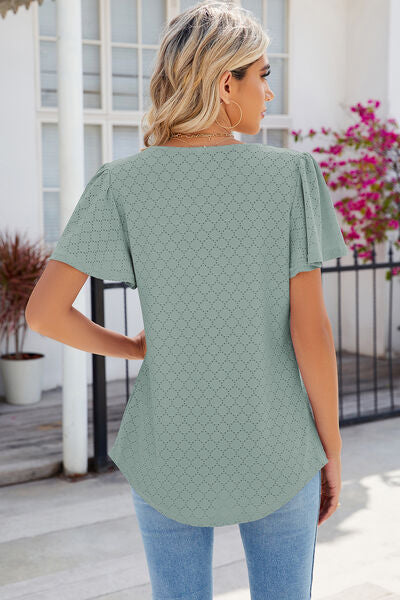 Eyelet Square Neck Flutter Sleeve Blouse Shop One Place