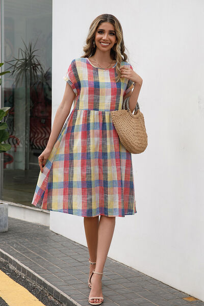 Plaid Round Neck Cap Sleeve Dress Shop One Place