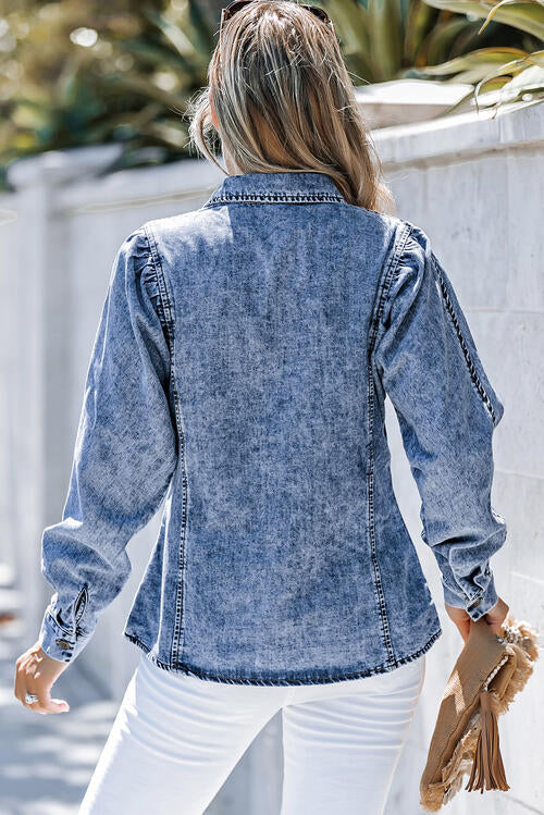Button Up Collared Neck Denim Top Shop One Place