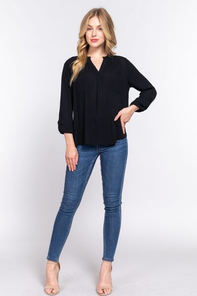 ACTIVE BASIC Full Size Notched Long Sleeve Woven Top Shop One Place