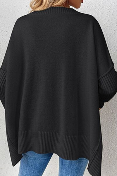 Slit V-Neck Dropped Shoulder Sweater Shop One Place
