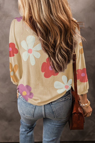 Flower Round Neck Long Sleeve Blouse Shop One Place