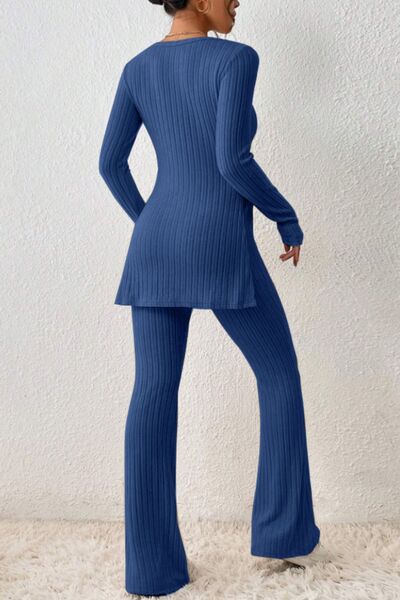 Ribbed Long Sleeve Slit Top and Bootcut Pants Set Shop One Place
