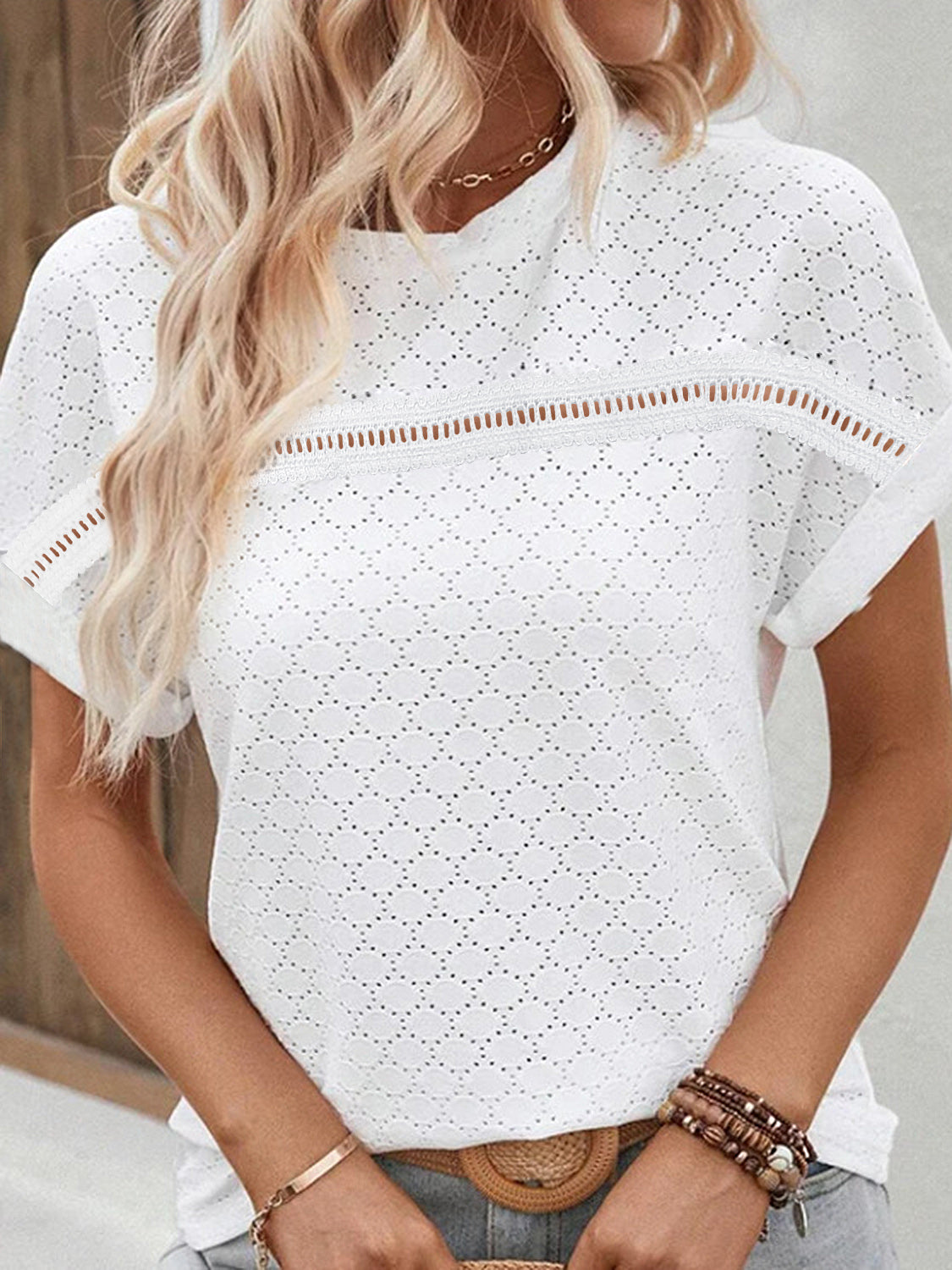 Eyelet Round Neck Short Sleeve Blouse Shop One Place