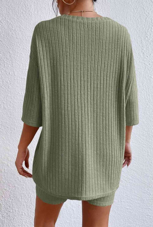 Round Neck Ribbed Top and Shorts Lounge Set Shop One Place