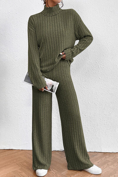 Ribbed Mock Neck Top and Pants Set Shop One Place