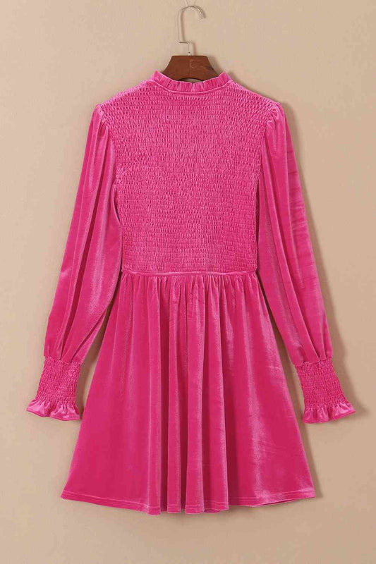 Smocked Round Neck Long Sleeve Dress Shop One Place