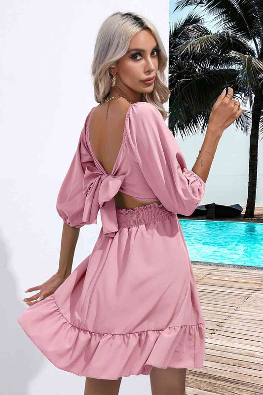 Square Neck Tie Back Ruffle Hem Dress Shop One Place
