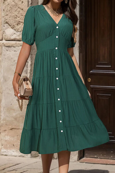 V-Neck Button Up Balloon Sleeve Midi Dress Shop One Place