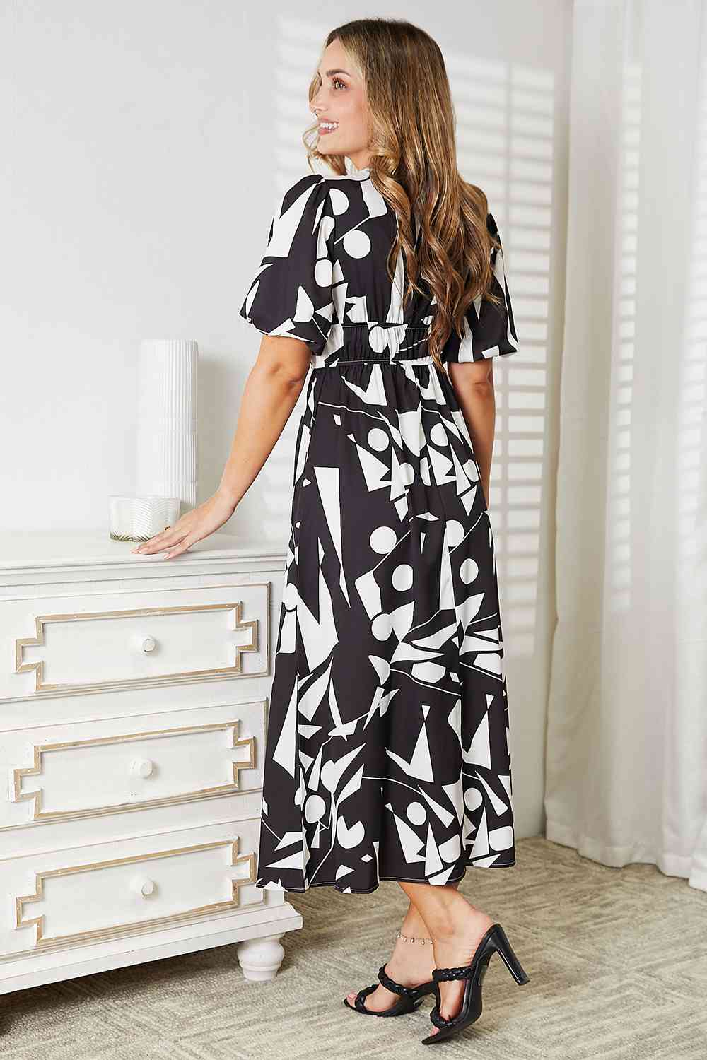 Double Take Printed Surplice Balloon Sleeve Dress Shop One Place