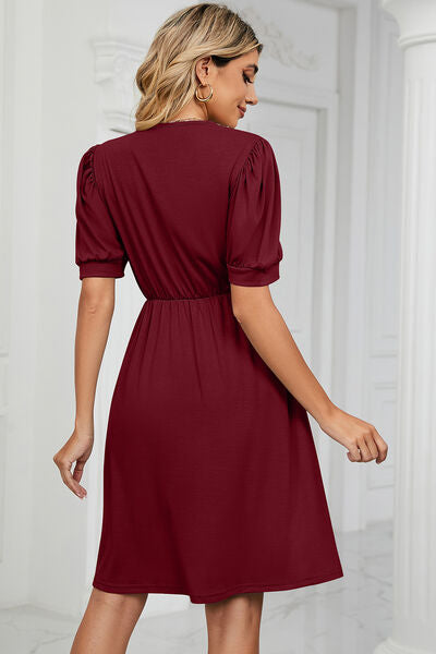 V-Neck Puff Sleeve Dress Shop One Place