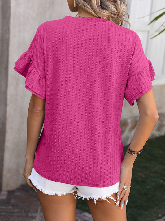 Ruffled Round Neck Short Sleeve Blouse Shop One Place