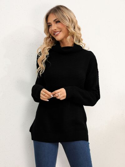 Slit Turtleneck Dropped Shoulder Sweater Shop One Place