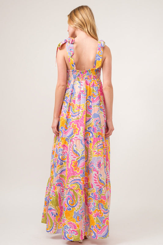And The Why Full Size Printed Tie Shoulder Tiered Maxi Dress Shop One Place