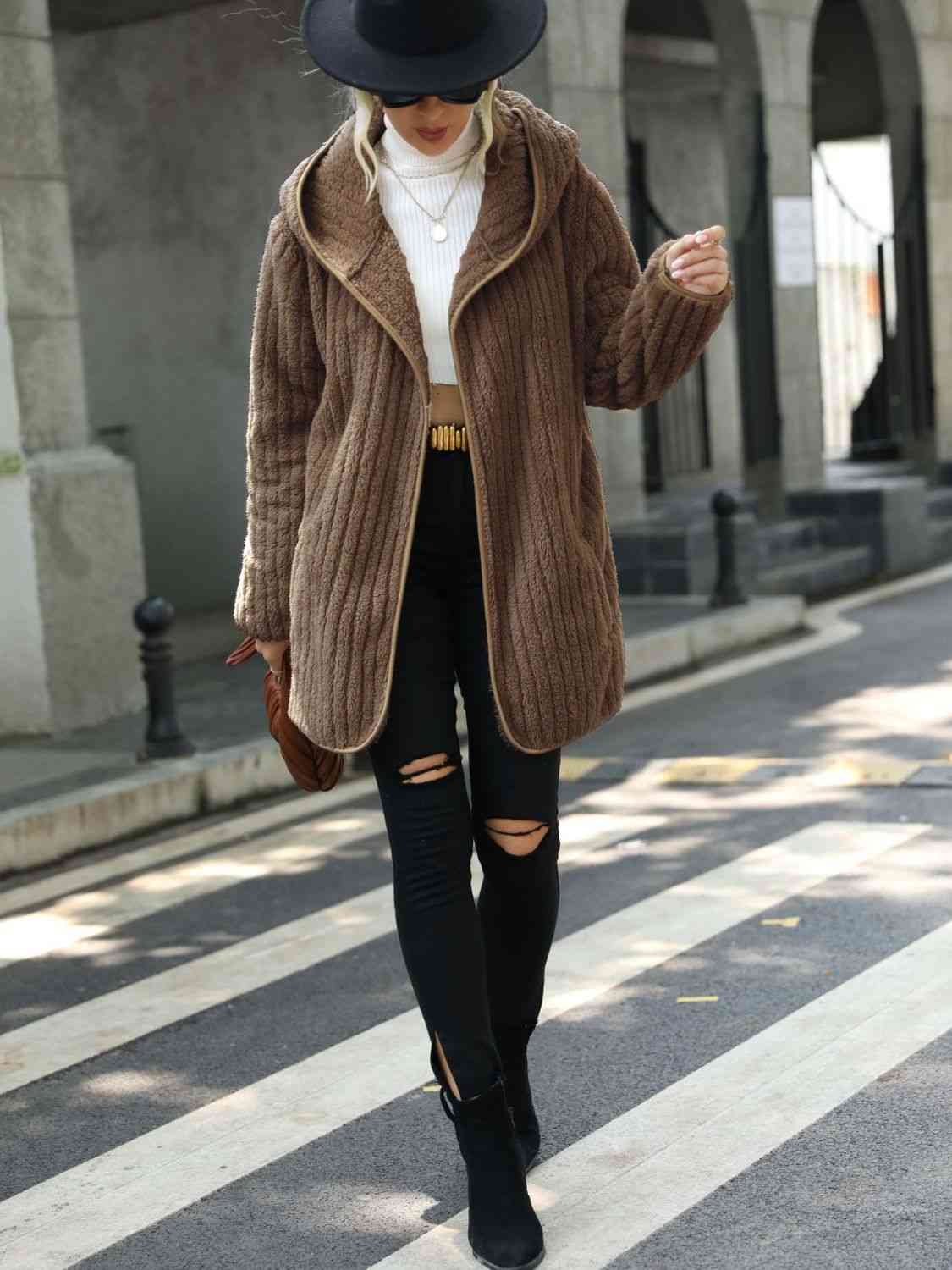 Open Front Ribbed Hooded Coat Shop One Place