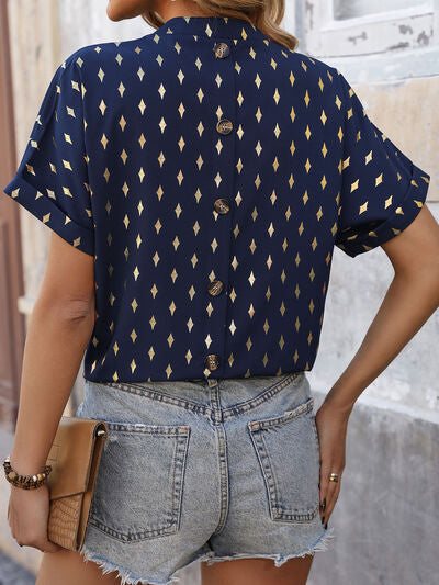 Printed Notched Short Sleeve Blouse Shop One Place