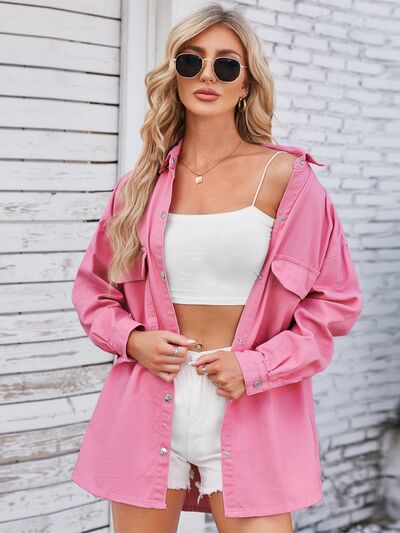 Pocketed Snap Down Dropped Shoulder Denim Shacket Shop One Place